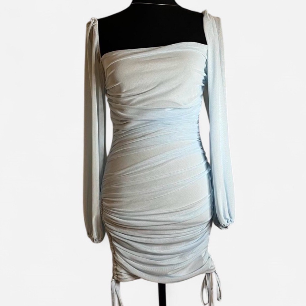 Baby Blue Ruched Mini Bodycon Dress with Bishop Sleeves Size Small - Picture 2 of 4